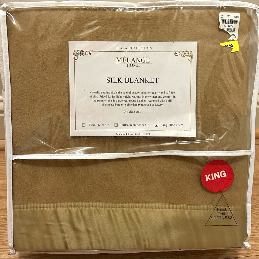 Plaza Collection Melange Home Silk Blanket King Size Gold NEW 106 X 92